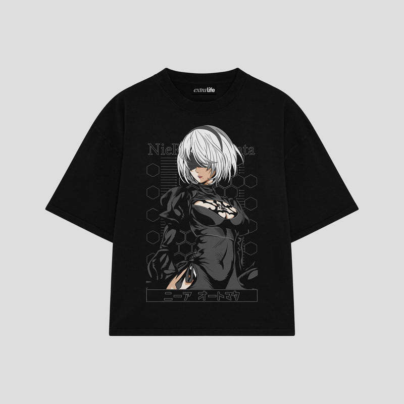Playera streetwear premium de anime y gaming ExtraLife MX, corte boxy oversized drop shoulder heavyweight en color Deep Black y Off-White, moda urbana mexicana de culto.