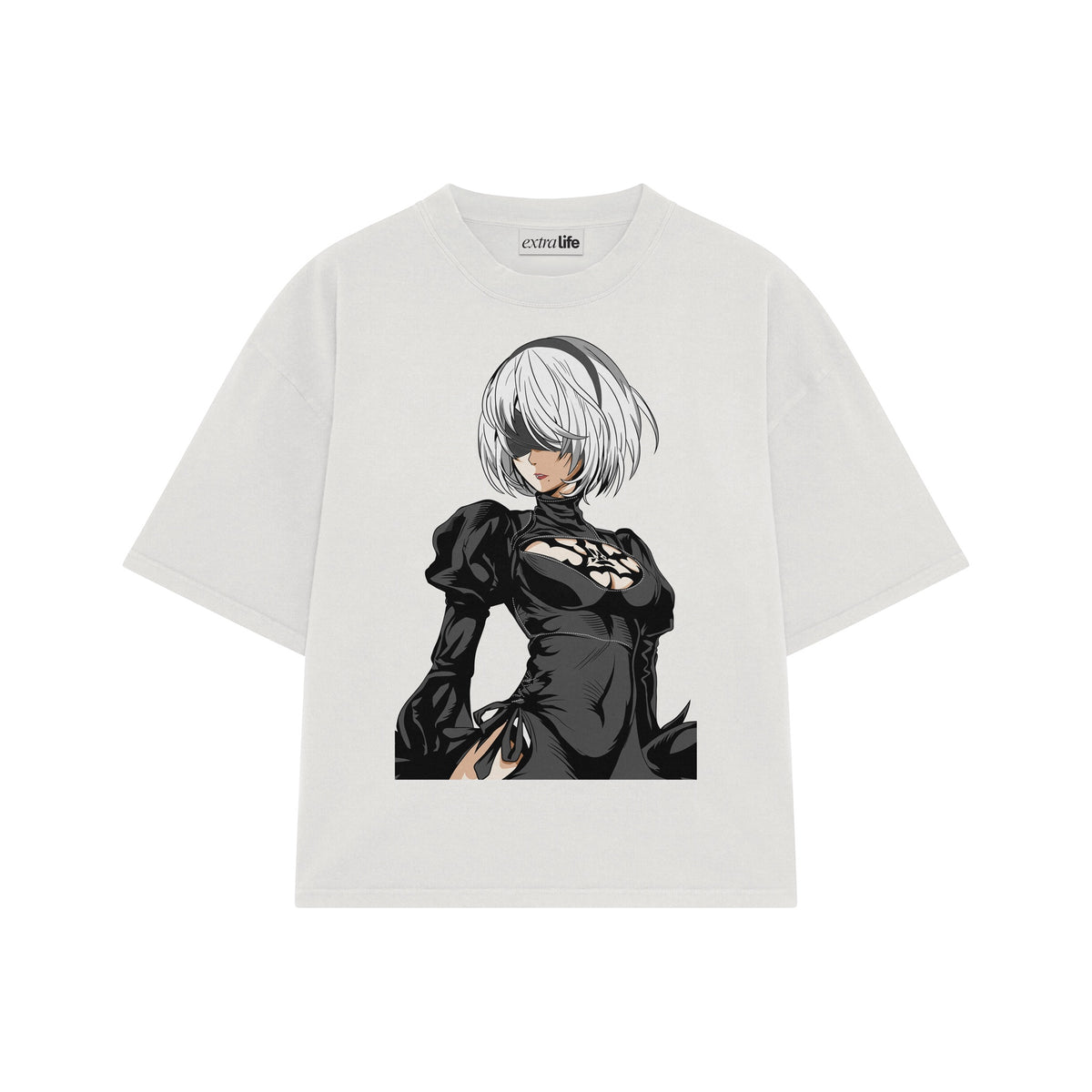 Playera streetwear premium de anime y gaming ExtraLife MX, corte oversized drop shoulder ligero y fresco en color Deep Black y Off-White, moda urbana mexicana de culto.