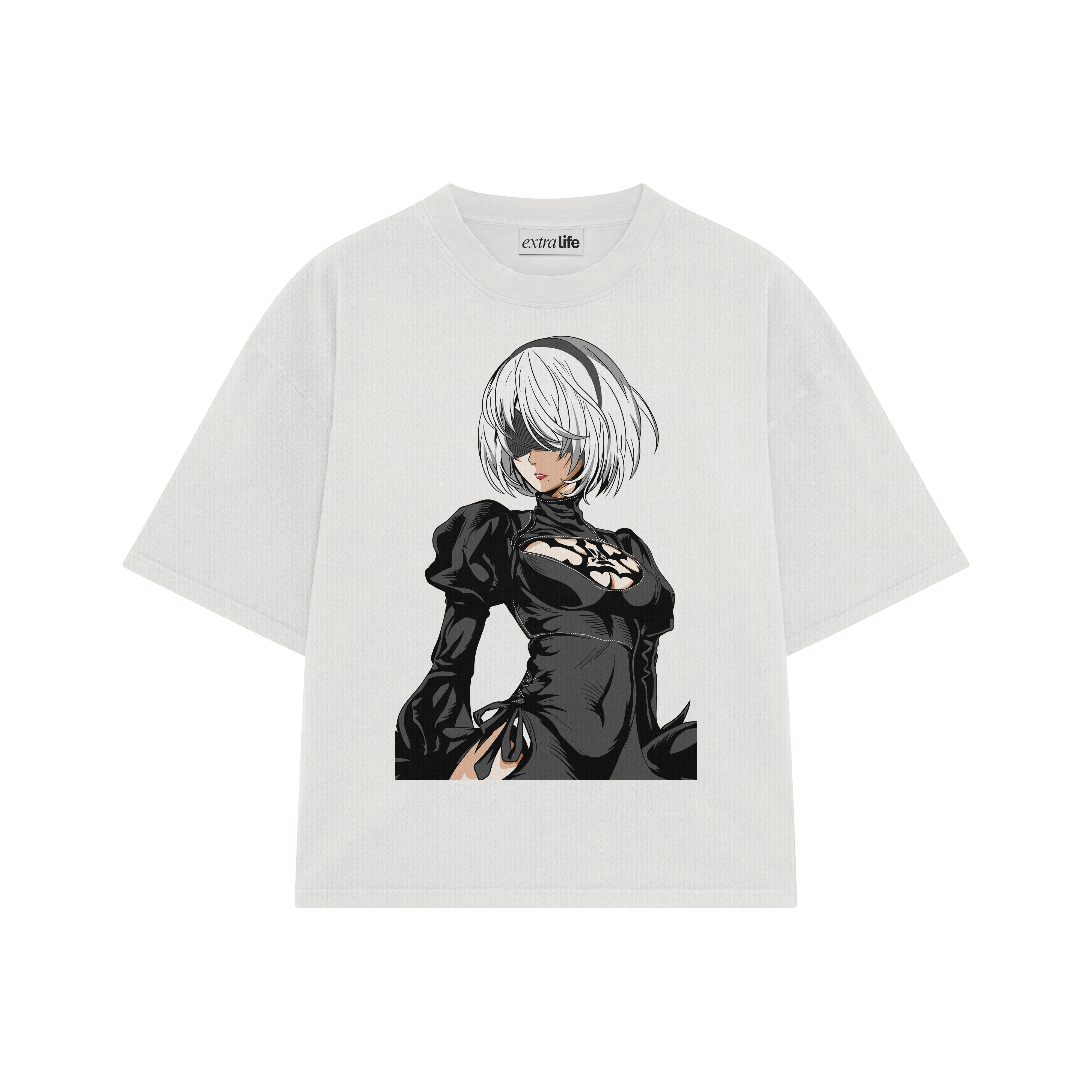 Playera streetwear premium de anime y gaming ExtraLife MX, corte boxy oversized drop shoulder heavyweight en color Deep Black y Off-White, moda urbana mexicana de culto.