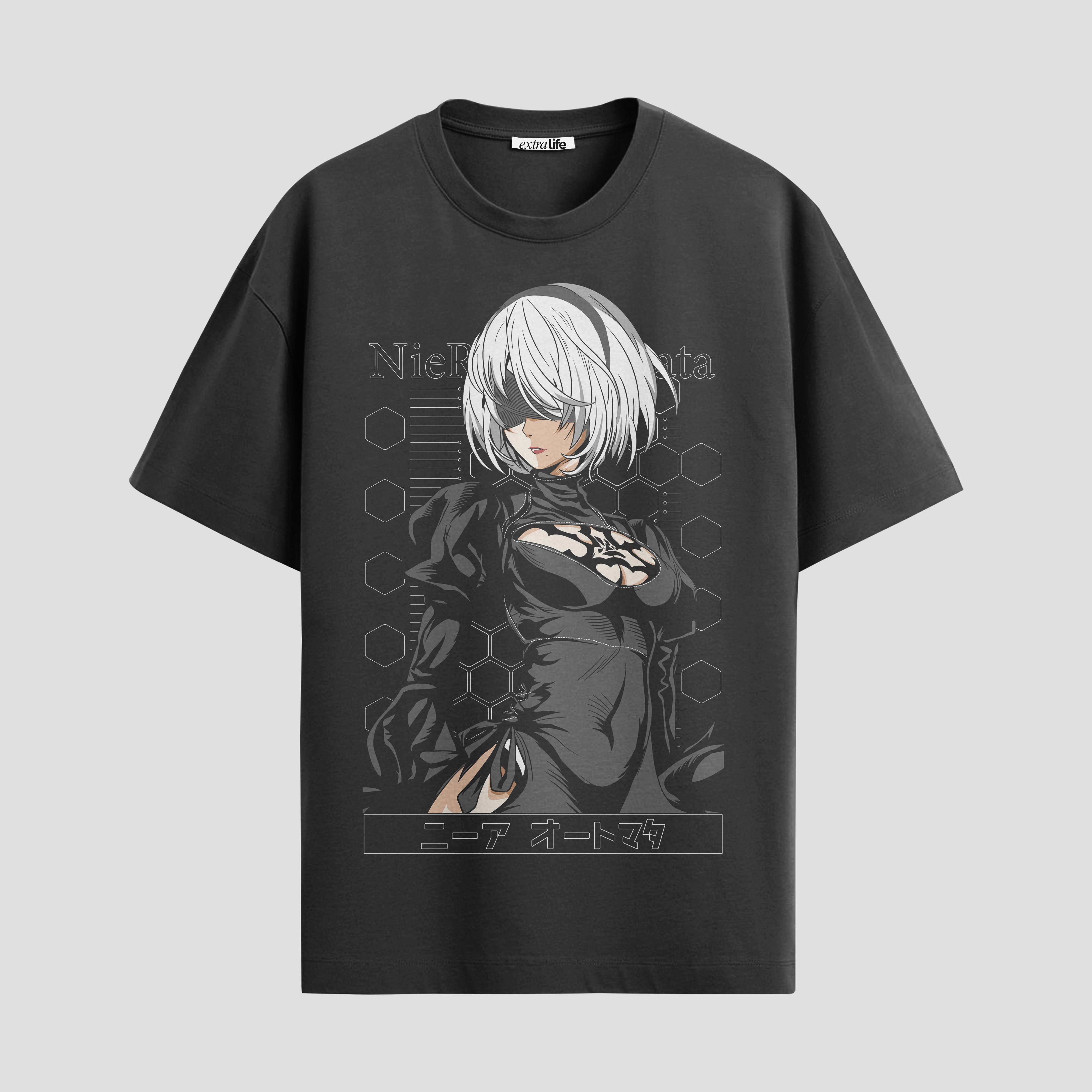 Playera urbana de anime y gaming ExtraLife MX, corte Standard Fit unisex ligero y transpirable en color Deep Black y Pure White, ropa de uso diario para gym y casual.