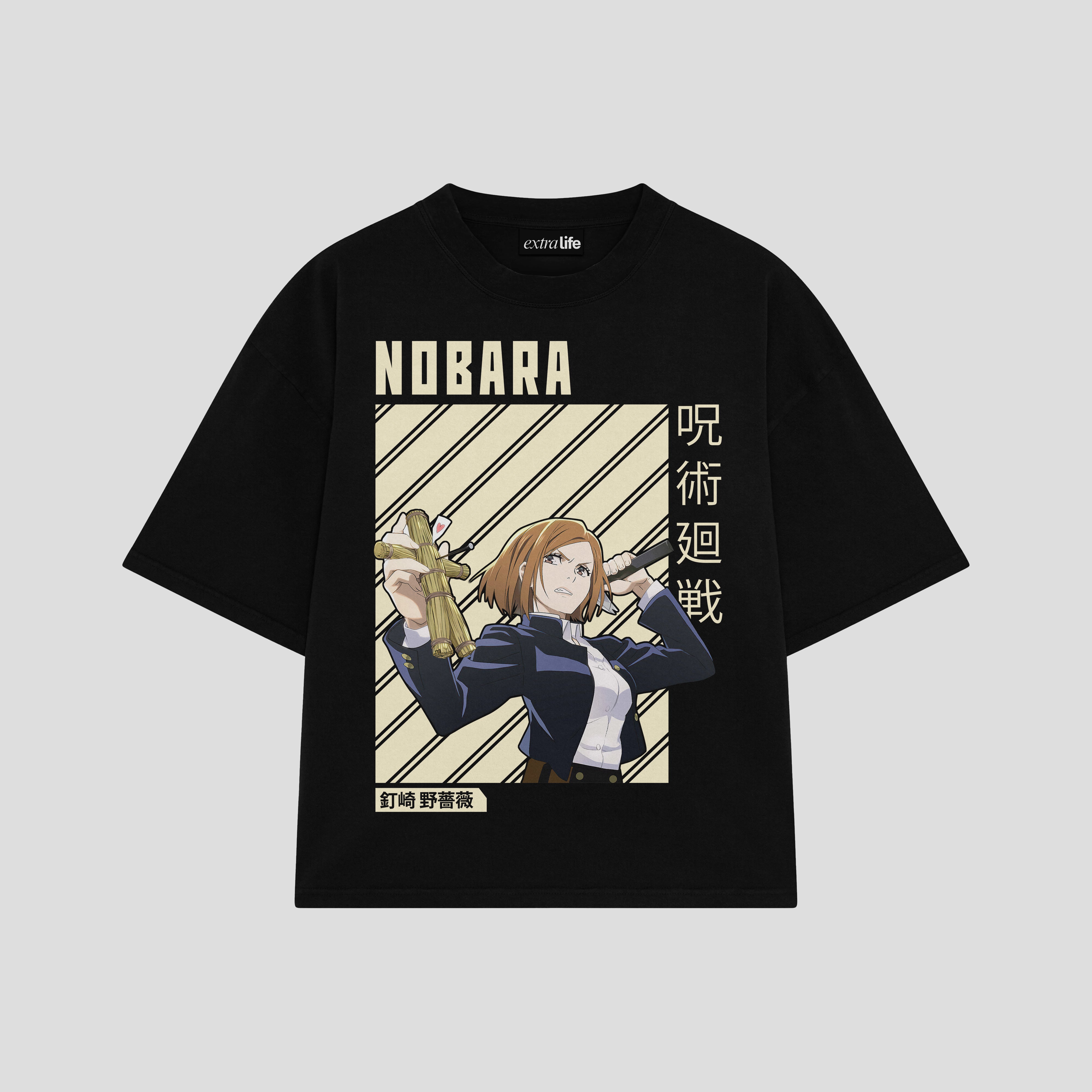 Playera streetwear premium de anime y gaming ExtraLife MX, corte boxy oversized drop shoulder heavyweight en color Deep Black y Off-White, moda urbana mexicana de culto.