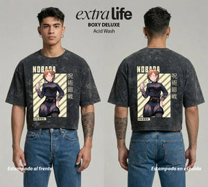 Playera streetwear premium de anime y gaming ExtraLife MX, corte boxy deluxe mineral wash heavyweight en color Acid Wash, moda urbana mexicana de culto.
