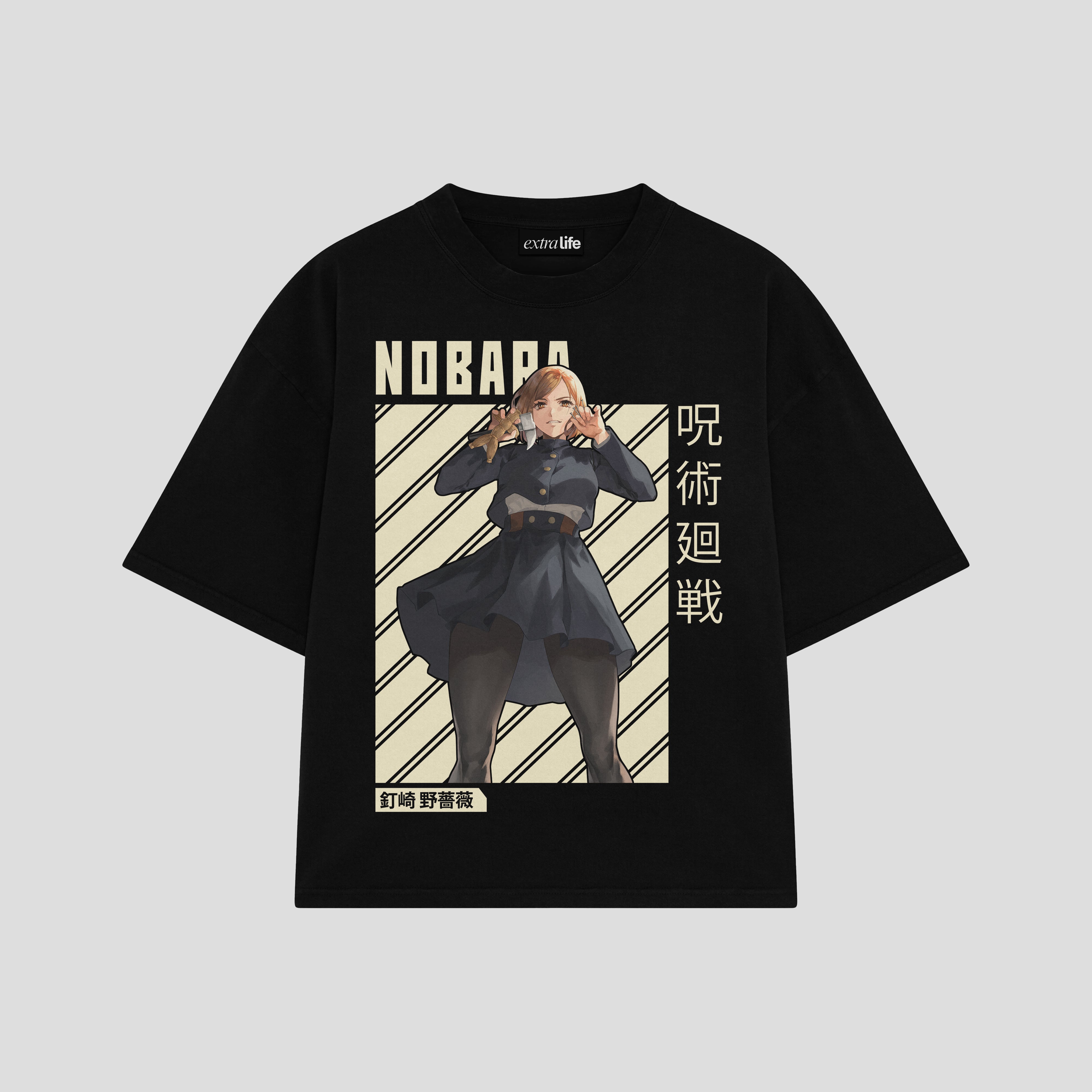 Playera streetwear premium de anime y gaming ExtraLife MX, corte boxy oversized drop shoulder heavyweight en color Deep Black y Off-White, moda urbana mexicana de culto.