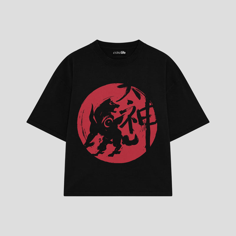 Playera streetwear premium de anime y gaming ExtraLife MX, corte boxy oversized drop shoulder heavyweight en color Deep Black y Off-White, moda urbana mexicana de culto.