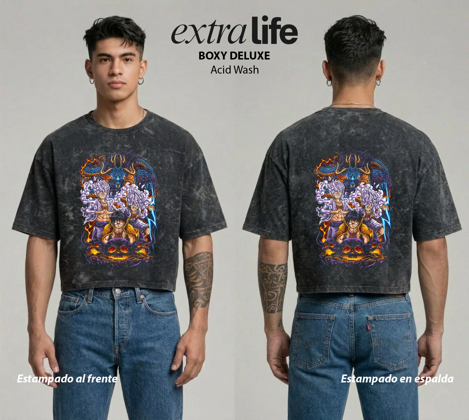 Playera streetwear premium de anime y gaming ExtraLife MX, corte boxy deluxe mineral wash heavyweight en color Acid Wash, moda urbana mexicana de culto.