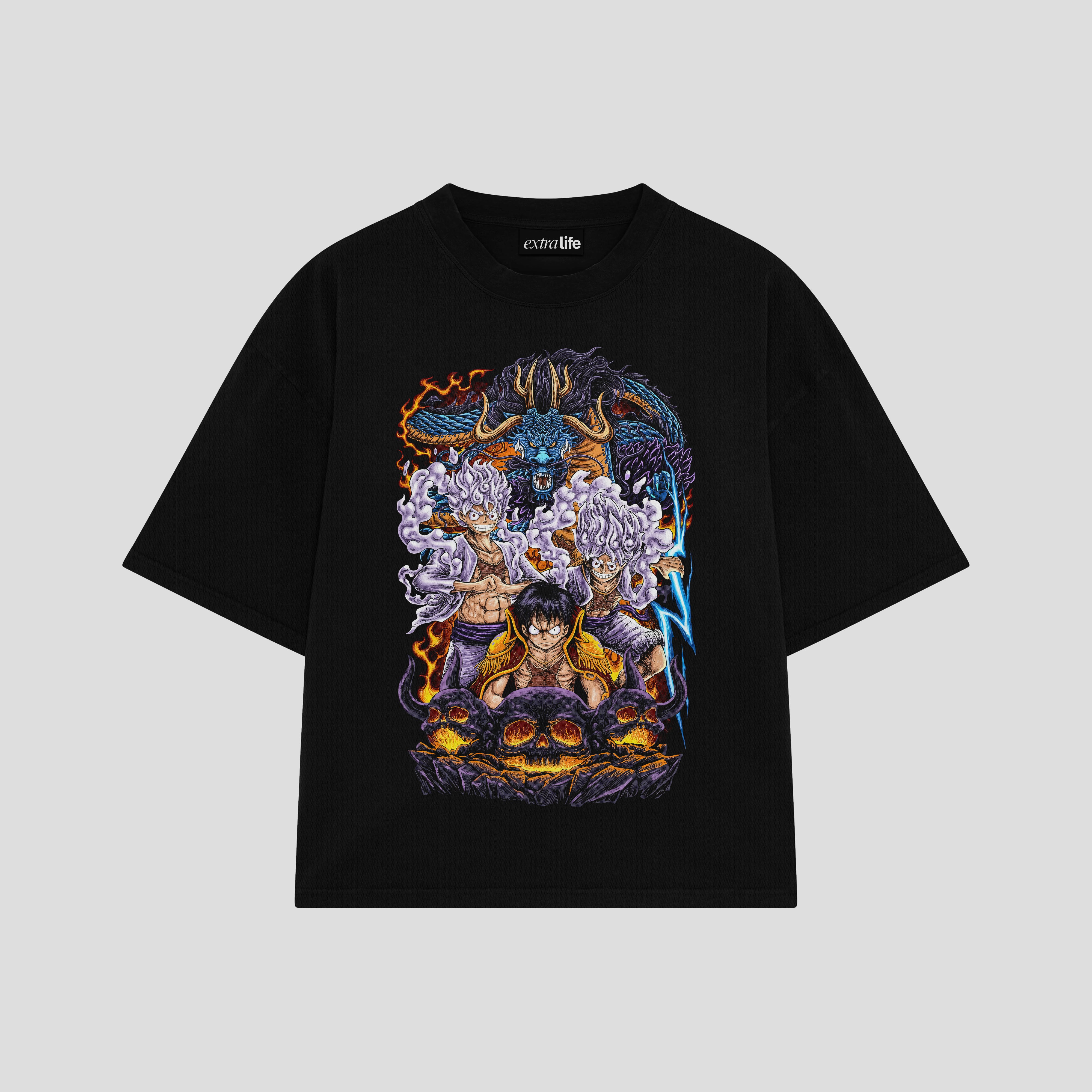 Playera streetwear premium de anime y gaming ExtraLife MX, corte boxy oversized drop shoulder heavyweight en color Deep Black y Off-White, moda urbana mexicana de culto.