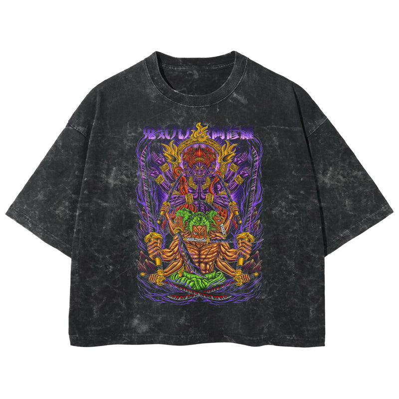 Playera streetwear premium de anime y gaming ExtraLife MX, corte boxy deluxe mineral wash heavyweight en color Acid Wash, moda urbana mexicana de culto.