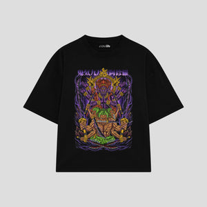 Playera streetwear premium de anime y gaming ExtraLife MX, corte boxy oversized drop shoulder heavyweight en color Deep Black y Off-White, moda urbana mexicana de culto.