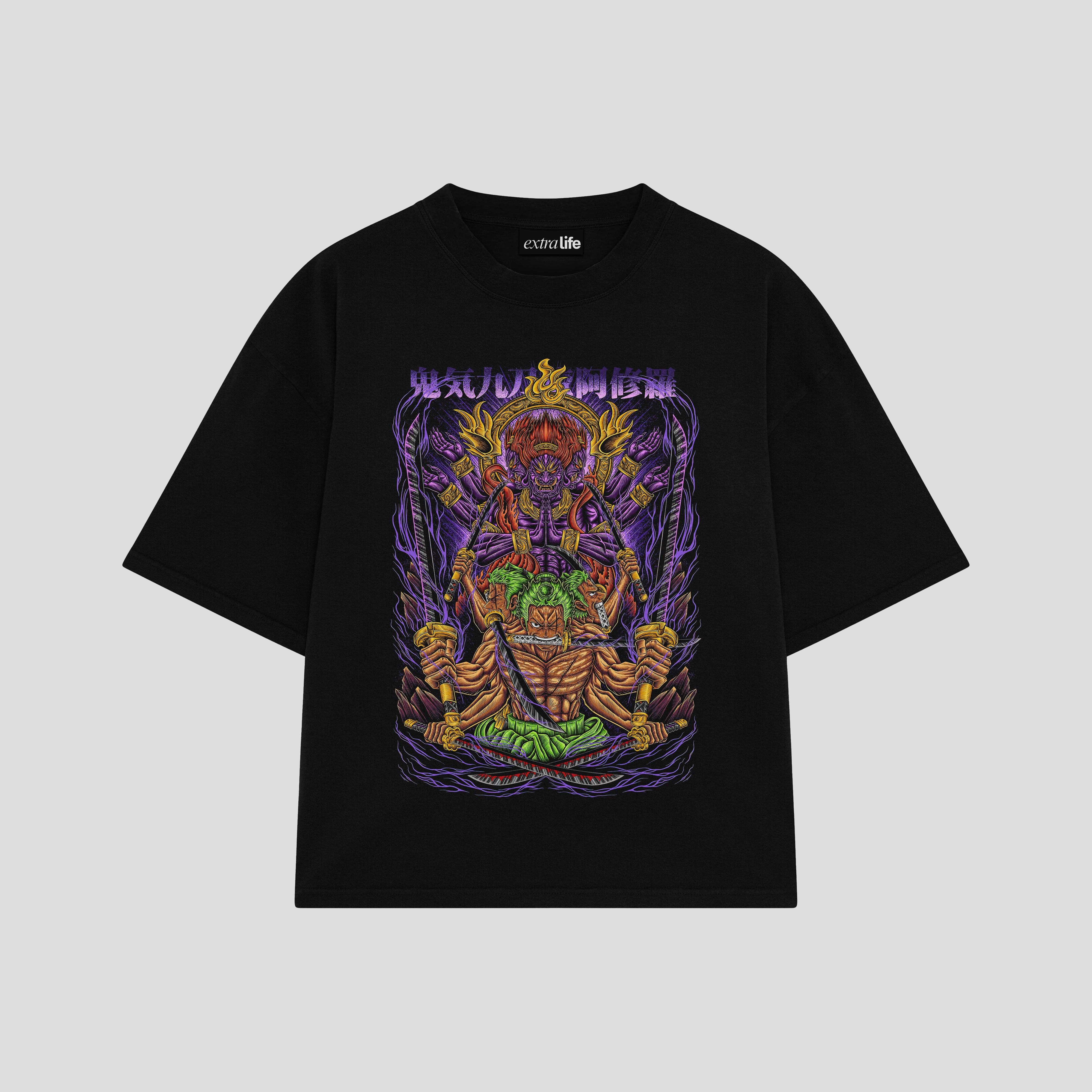 Playera streetwear premium de anime y gaming ExtraLife MX, corte boxy oversized drop shoulder heavyweight en color Deep Black y Off-White, moda urbana mexicana de culto.