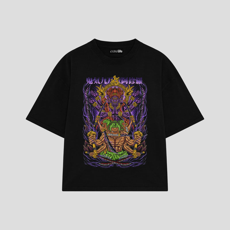 Playera streetwear premium de anime y gaming ExtraLife MX, corte boxy oversized drop shoulder heavyweight en color Deep Black y Off-White, moda urbana mexicana de culto.