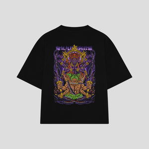 Playera streetwear premium de anime y gaming ExtraLife MX, corte boxy oversized drop shoulder heavyweight en color Deep Black y Off-White, moda urbana mexicana de culto.
