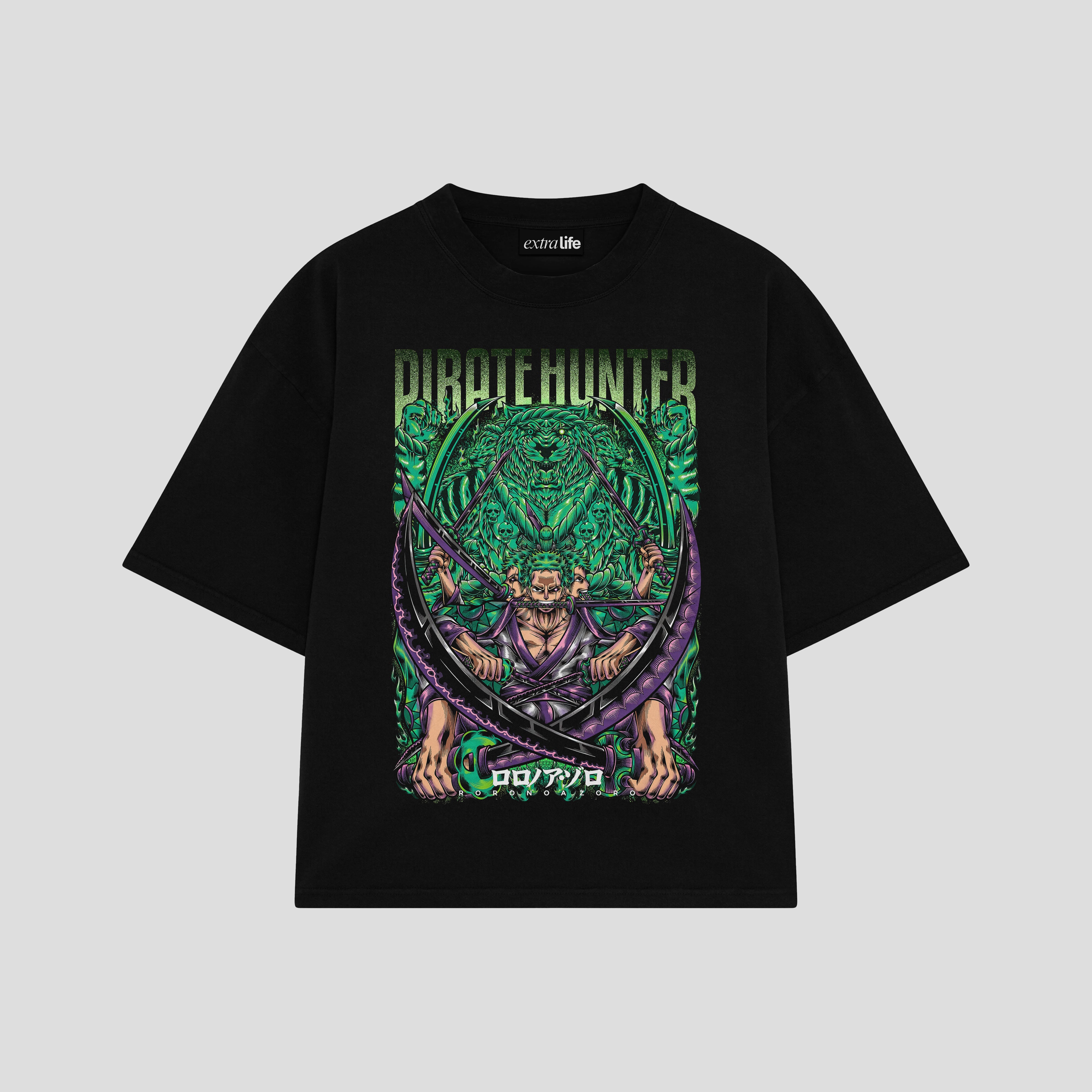 Playera streetwear premium de anime y gaming ExtraLife MX, corte boxy oversized drop shoulder heavyweight en color Deep Black y Off-White, moda urbana mexicana de culto.
