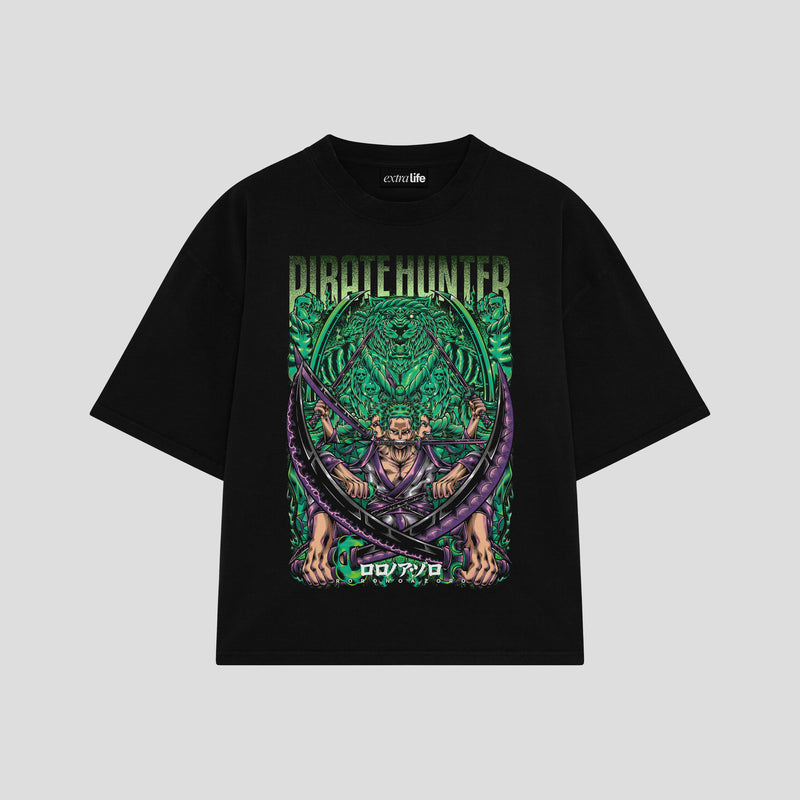 Playera streetwear premium de anime y gaming ExtraLife MX, corte boxy oversized drop shoulder heavyweight en color Deep Black y Off-White, moda urbana mexicana de culto.