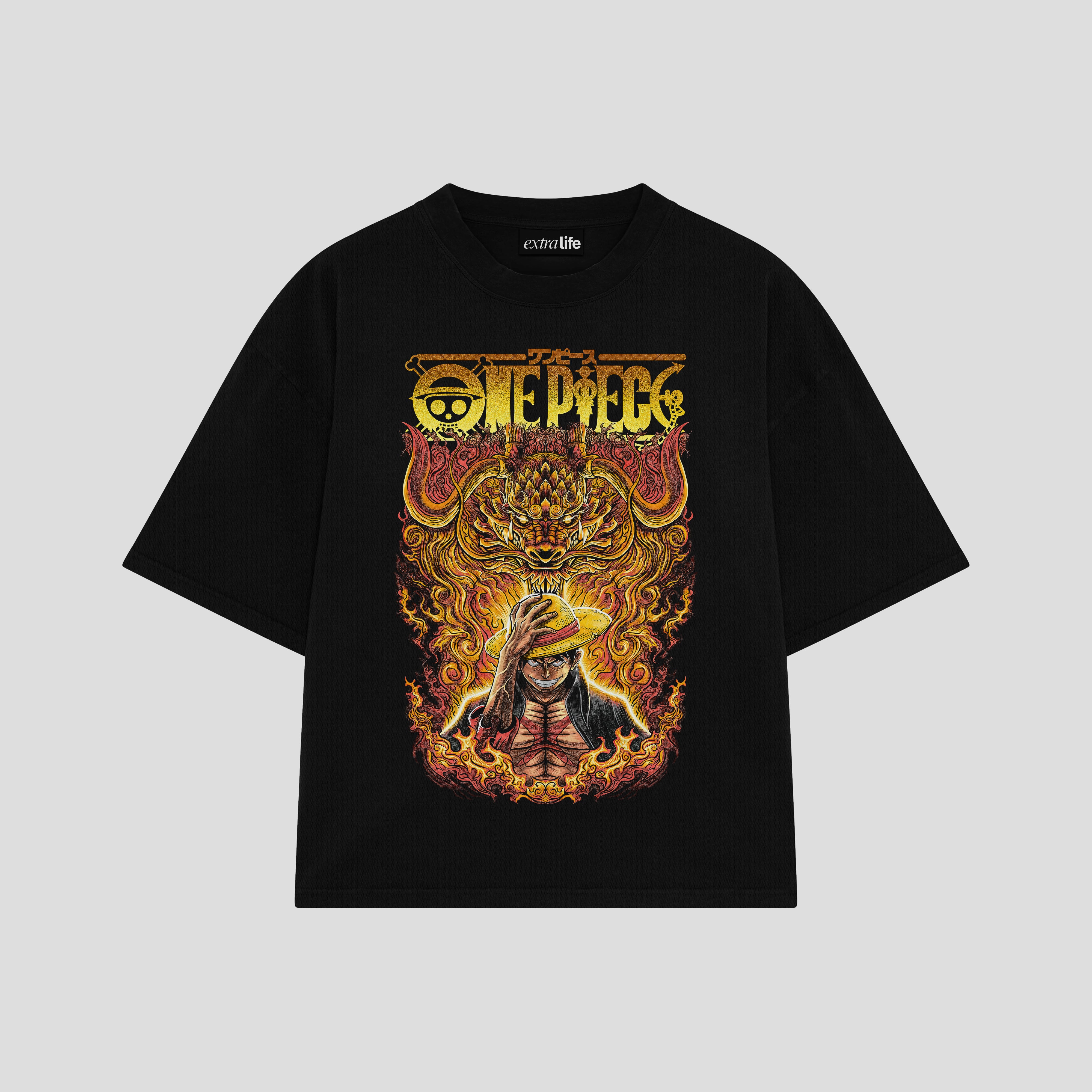 Playera streetwear premium de anime y gaming ExtraLife MX, corte boxy oversized drop shoulder heavyweight en color Deep Black y Off-White, moda urbana mexicana de culto.