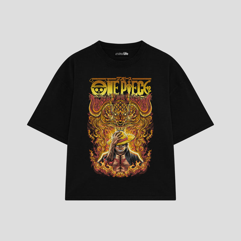 Playera streetwear premium de anime y gaming ExtraLife MX, corte boxy oversized drop shoulder heavyweight en color Deep Black y Off-White, moda urbana mexicana de culto.