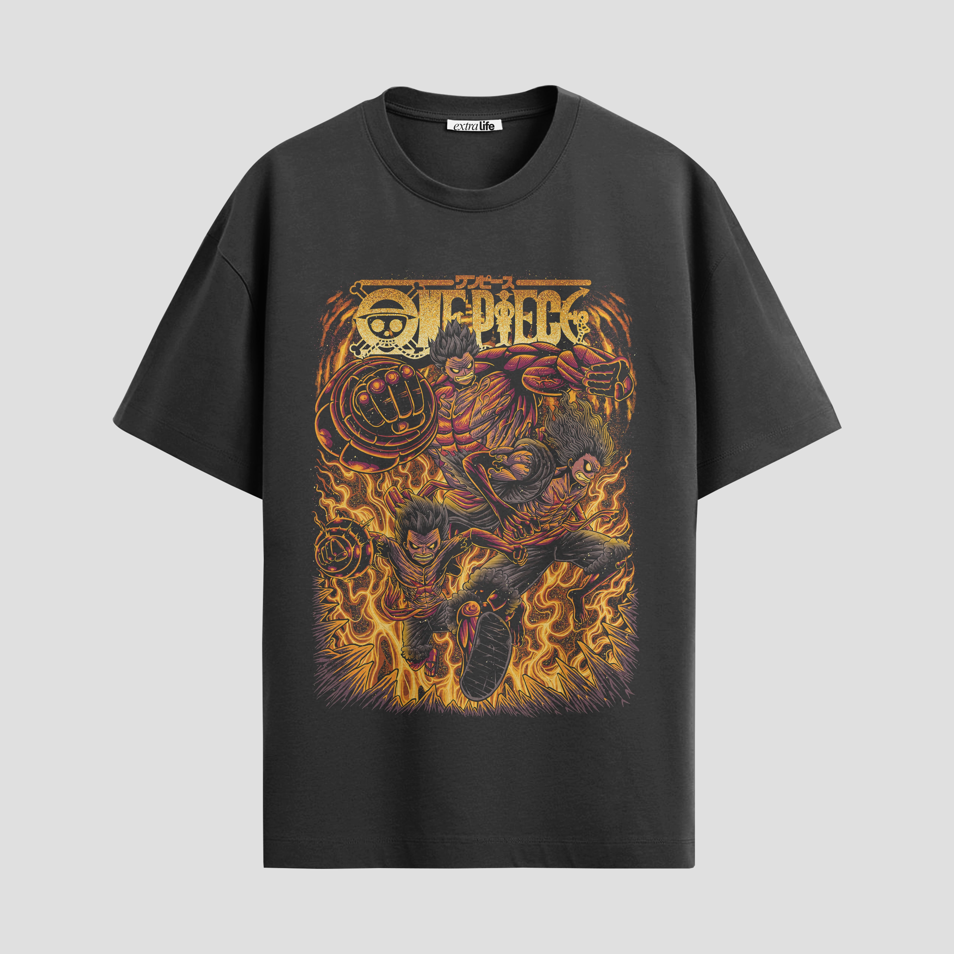 Playera urbana de anime y gaming ExtraLife MX, corte Standard Fit unisex ligero y transpirable en color Deep Black y Pure White, ropa de uso diario para gym y casual.