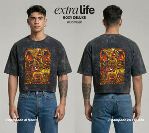 Playera streetwear premium de anime y gaming ExtraLife MX, corte boxy deluxe mineral wash heavyweight en color Acid Wash, moda urbana mexicana de culto.