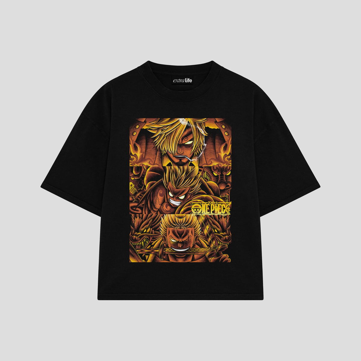 Playera streetwear premium de anime y gaming ExtraLife MX, corte oversized drop shoulder ligero y fresco en color Deep Black y Off-White, moda urbana mexicana de culto.