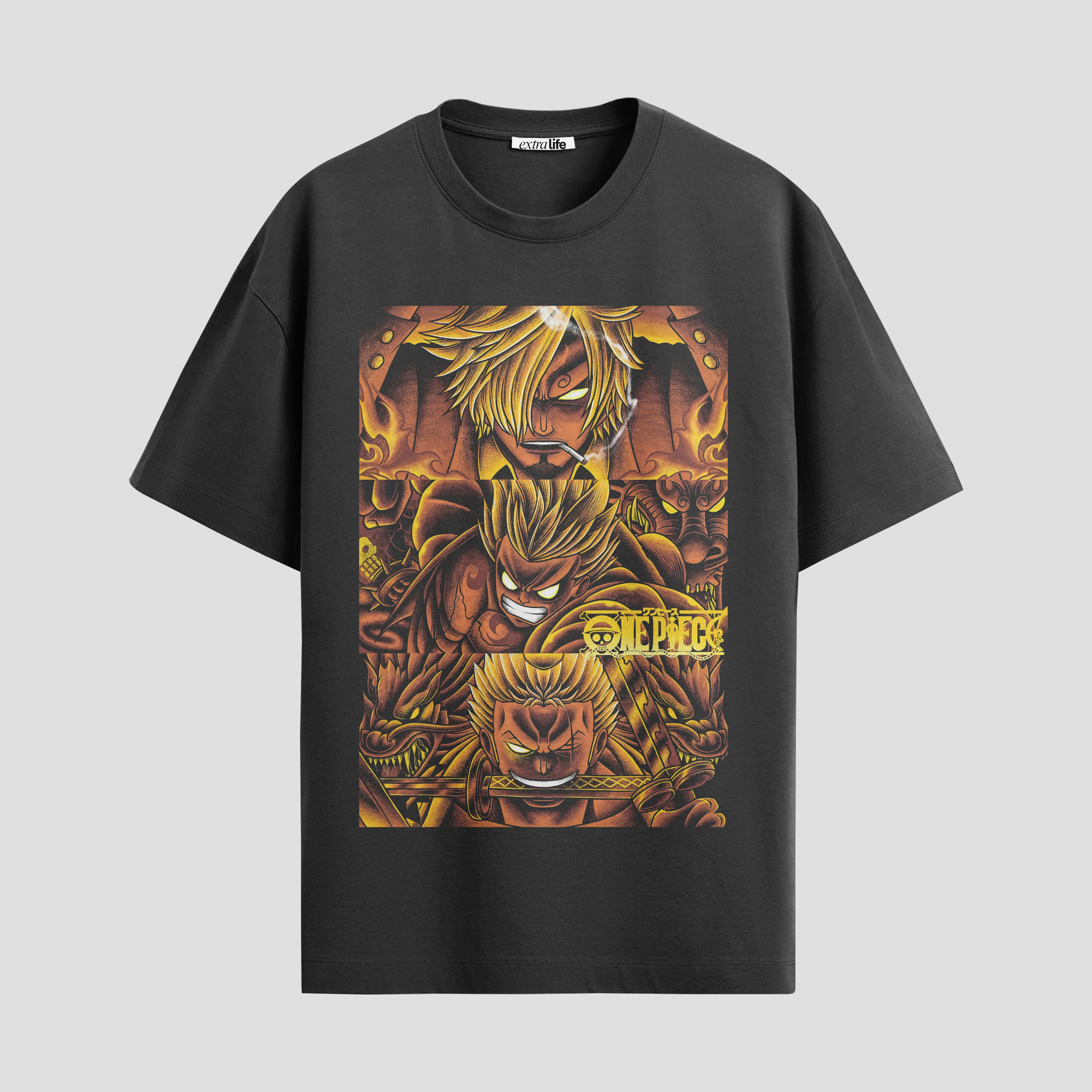 Playera urbana de anime y gaming ExtraLife MX, corte Standard Fit unisex ligero y transpirable en color Deep Black y Pure White, ropa de uso diario para gym y casual.