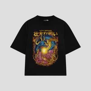 Playera streetwear premium de anime y gaming ExtraLife MX, corte boxy oversized drop shoulder heavyweight en color Deep Black y Off-White, moda urbana mexicana de culto.