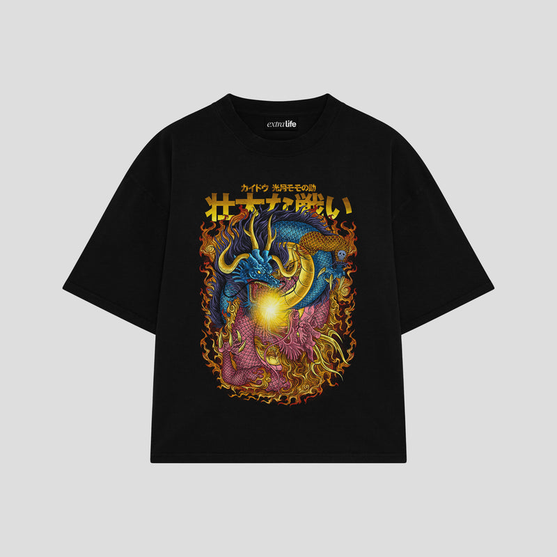 Playera streetwear premium de anime y gaming ExtraLife MX, corte boxy oversized drop shoulder heavyweight en color Deep Black y Off-White, moda urbana mexicana de culto.