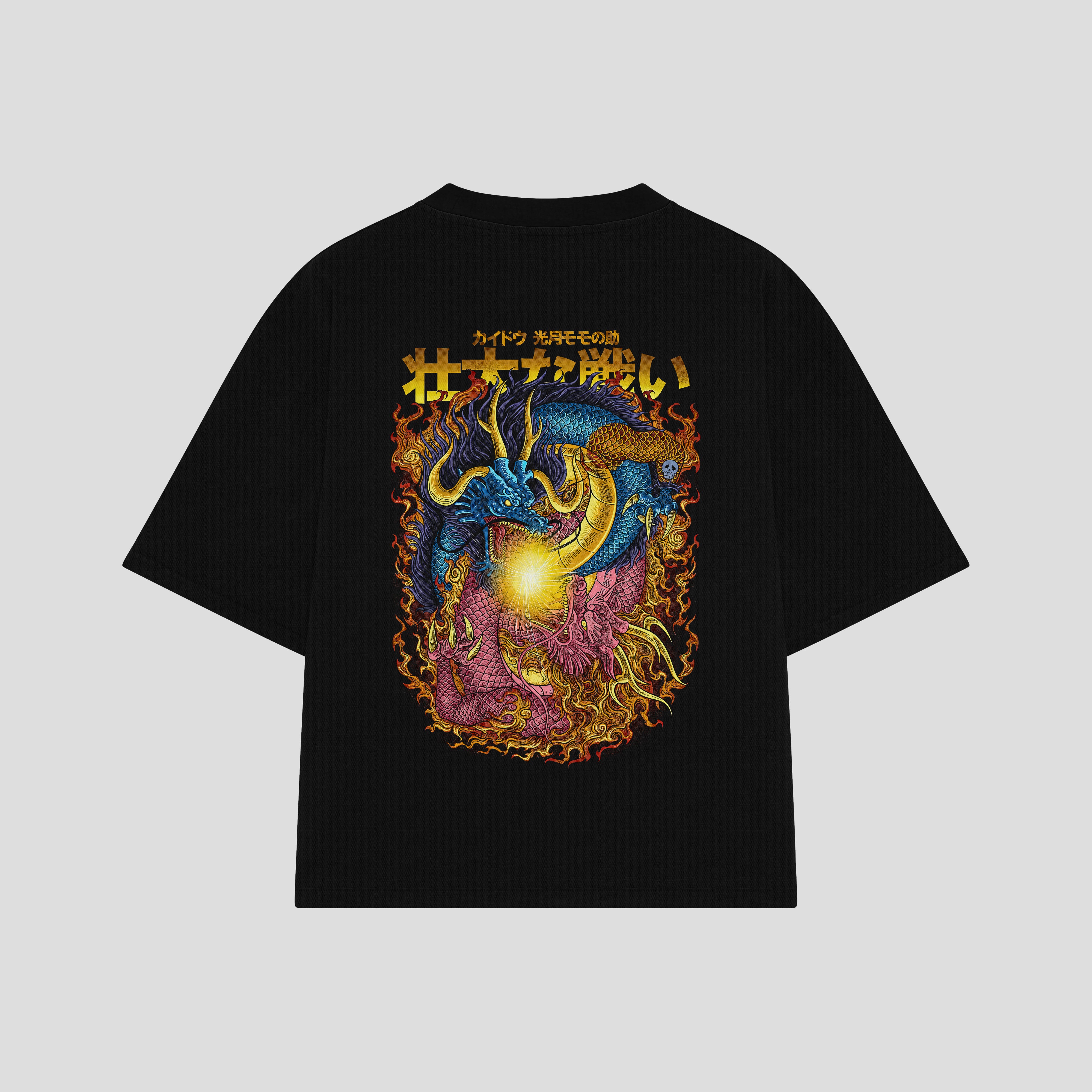 Playera streetwear premium de anime y gaming ExtraLife MX, corte boxy oversized drop shoulder heavyweight en color Deep Black y Off-White, moda urbana mexicana de culto.