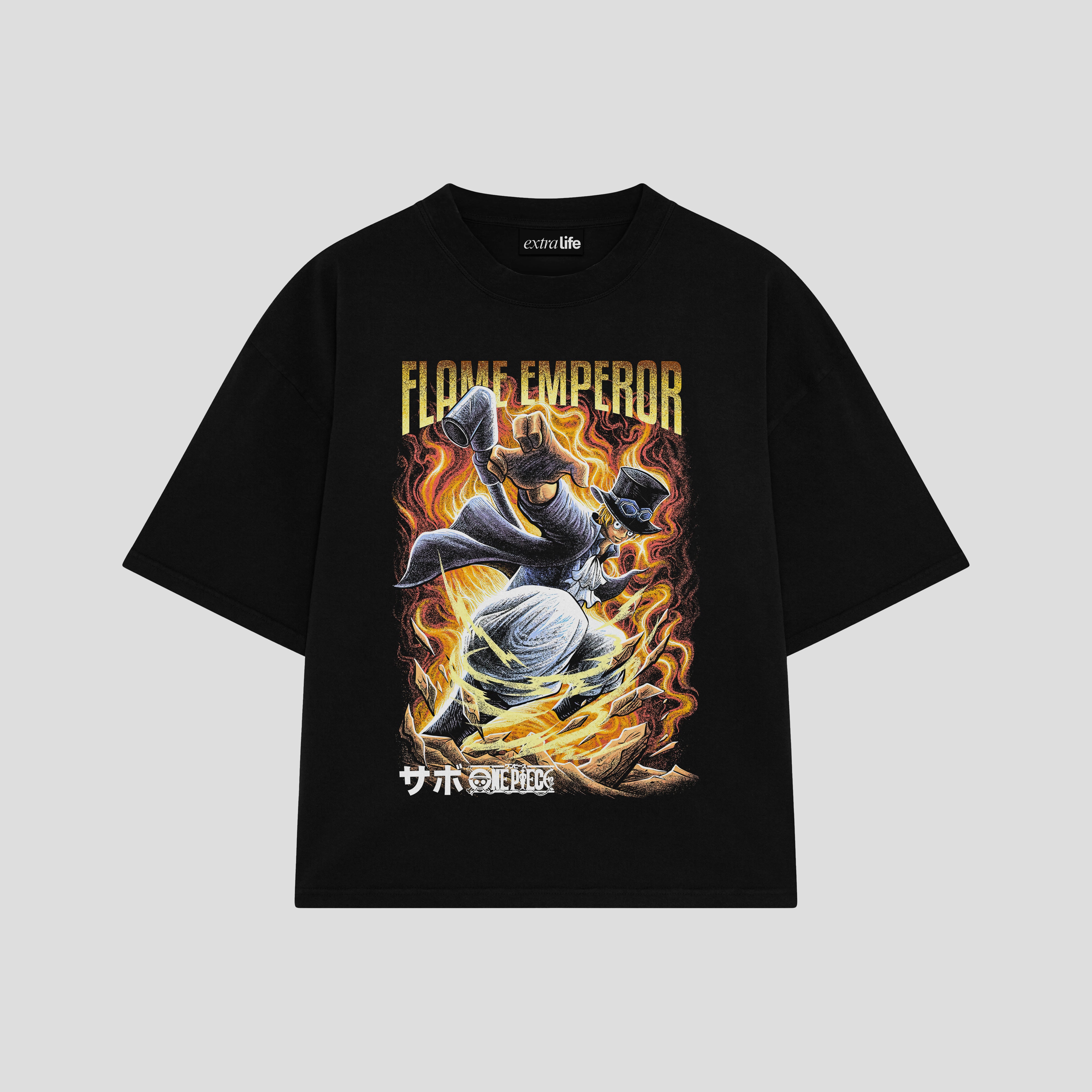 Playera streetwear premium de anime y gaming ExtraLife MX, corte boxy oversized drop shoulder heavyweight en color Deep Black y Off-White, moda urbana mexicana de culto.