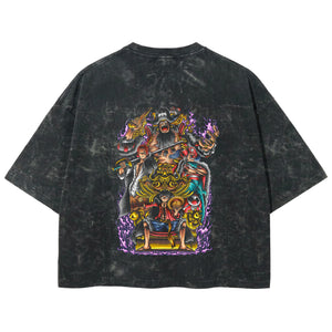 Playera streetwear premium de anime y gaming ExtraLife MX, corte boxy deluxe mineral wash heavyweight en color Acid Wash, moda urbana mexicana de culto.