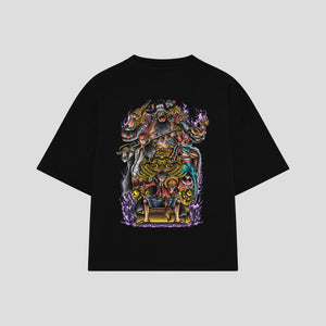 Playera streetwear premium de anime y gaming ExtraLife MX, corte boxy oversized drop shoulder heavyweight en color Deep Black y Off-White, moda urbana mexicana de culto.