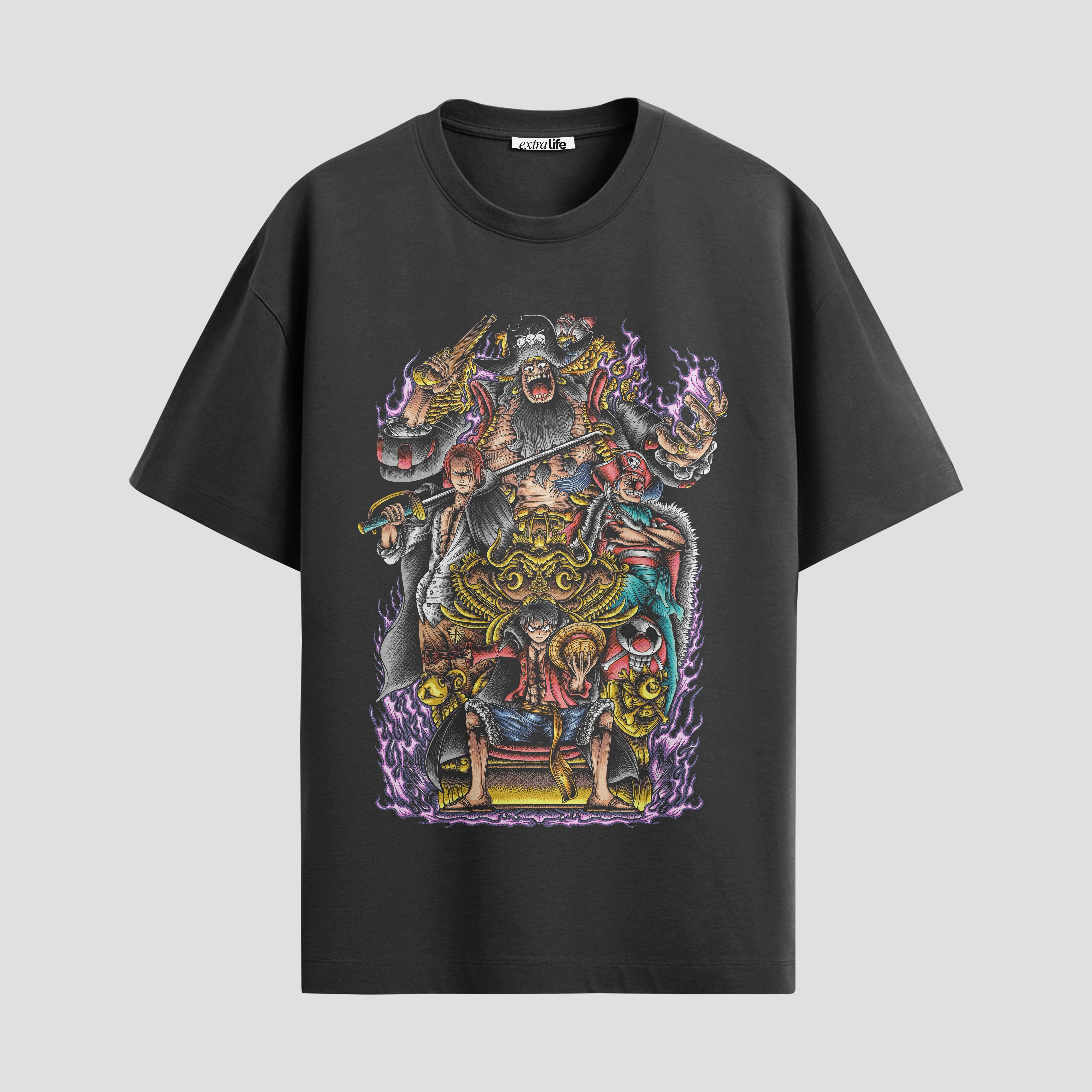 Playera urbana de anime y gaming ExtraLife MX, corte Standard Fit unisex ligero y transpirable en color Deep Black y Pure White, ropa de uso diario para gym y casual.