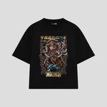 Playera streetwear premium de anime y gaming ExtraLife MX, corte boxy oversized drop shoulder heavyweight en color Deep Black y Off-White, moda urbana mexicana de culto.