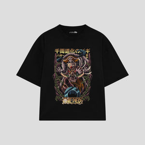 Playera streetwear premium de anime y gaming ExtraLife MX, corte boxy oversized drop shoulder heavyweight en color Deep Black y Off-White, moda urbana mexicana de culto.