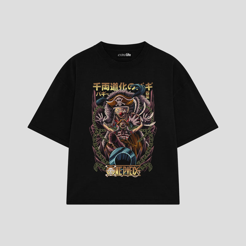 Playera streetwear premium de anime y gaming ExtraLife MX, corte boxy oversized drop shoulder heavyweight en color Deep Black y Off-White, moda urbana mexicana de culto.