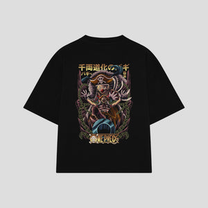 Playera streetwear premium de anime y gaming ExtraLife MX, corte boxy oversized drop shoulder heavyweight en color Deep Black y Off-White, moda urbana mexicana de culto.