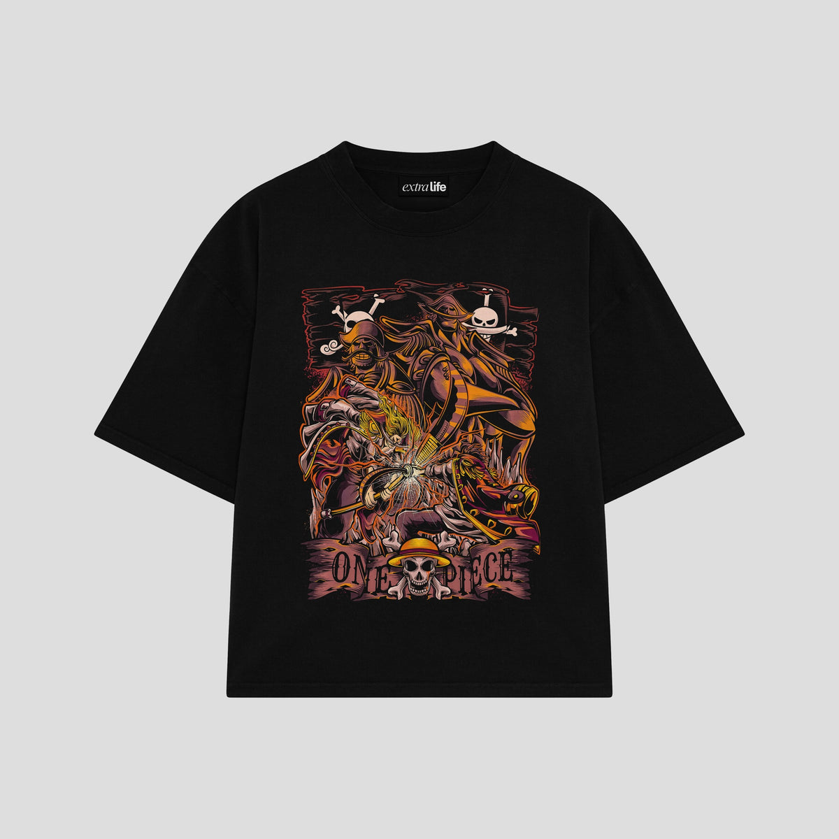 Playera streetwear premium de anime y gaming ExtraLife MX, corte oversized drop shoulder ligero y fresco en color Deep Black y Off-White, moda urbana mexicana de culto.