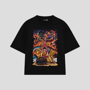 Playera streetwear premium de anime y gaming ExtraLife MX, corte boxy oversized drop shoulder heavyweight en color Deep Black y Off-White, moda urbana mexicana de culto.