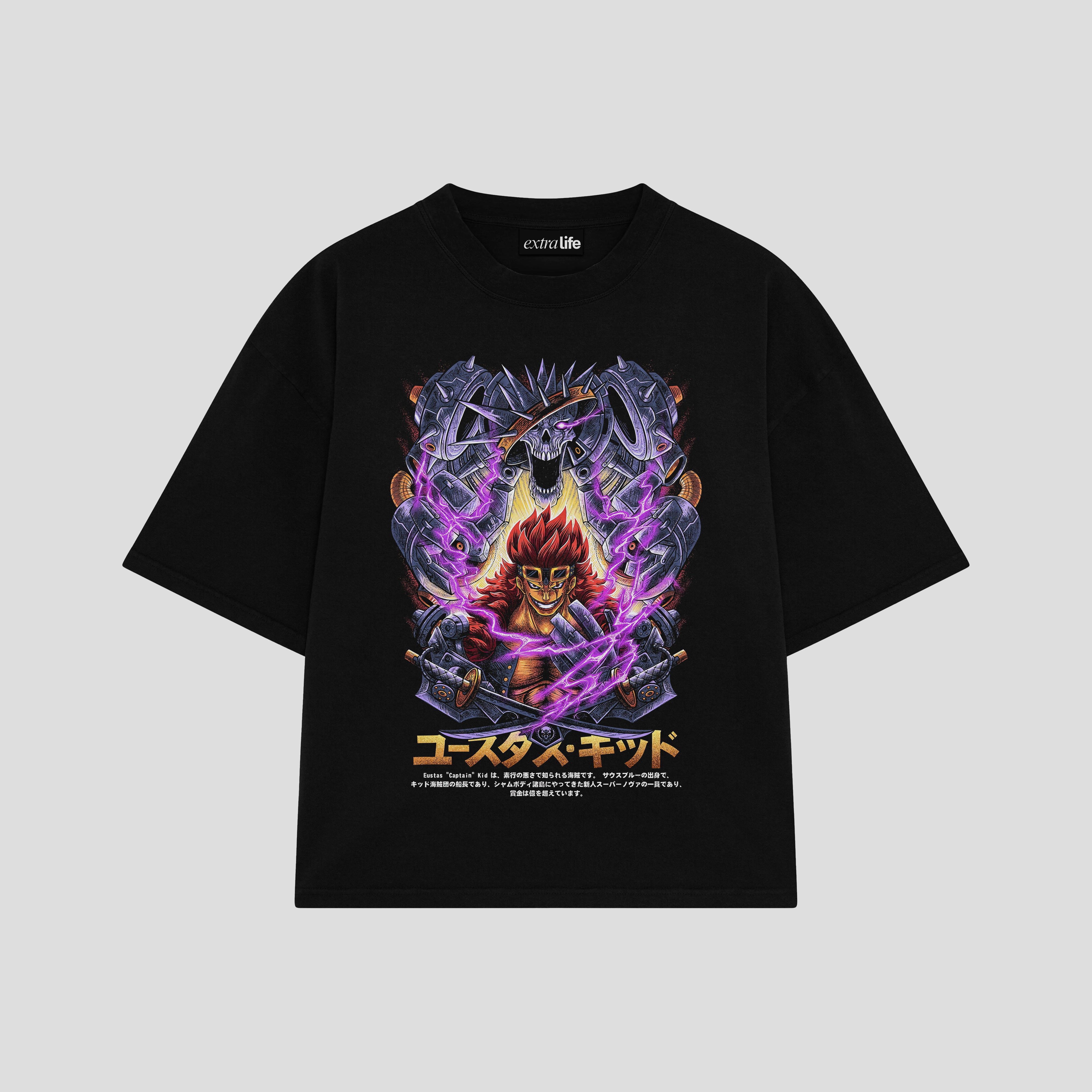 Playera streetwear premium de anime y gaming ExtraLife MX, corte boxy oversized drop shoulder heavyweight en color Deep Black y Off-White, moda urbana mexicana de culto.