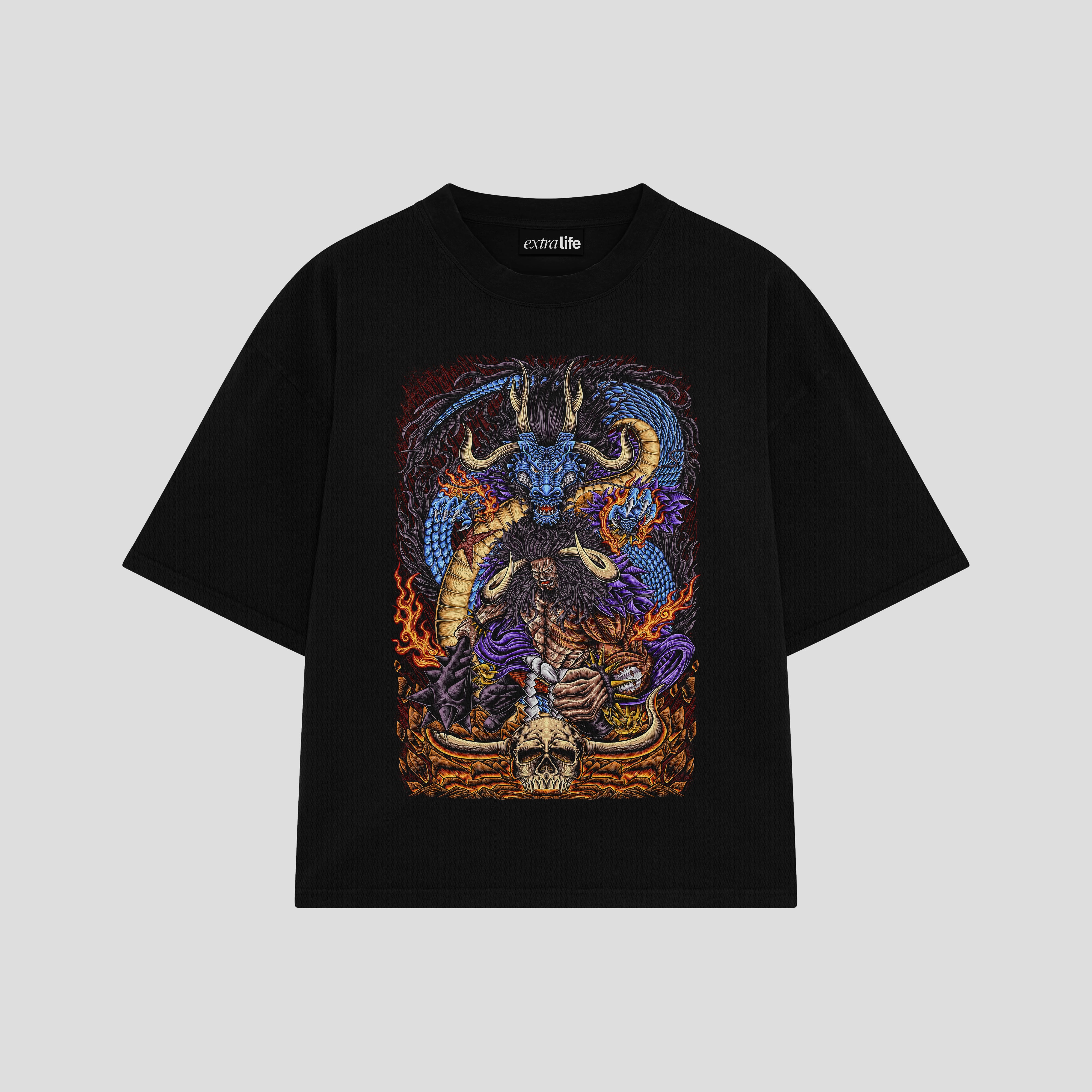 Playera streetwear premium de anime y gaming ExtraLife MX, corte boxy oversized drop shoulder heavyweight en color Deep Black y Off-White, moda urbana mexicana de culto.