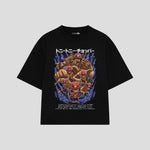 Playera streetwear premium de anime y gaming ExtraLife MX, corte boxy oversized drop shoulder heavyweight en color Deep Black y Off-White, moda urbana mexicana de culto.