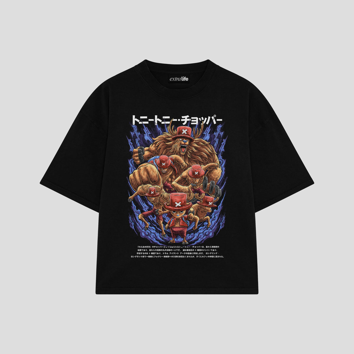 Playera streetwear premium de anime y gaming ExtraLife MX, corte oversized drop shoulder ligero y fresco en color Deep Black y Off-White, moda urbana mexicana de culto.