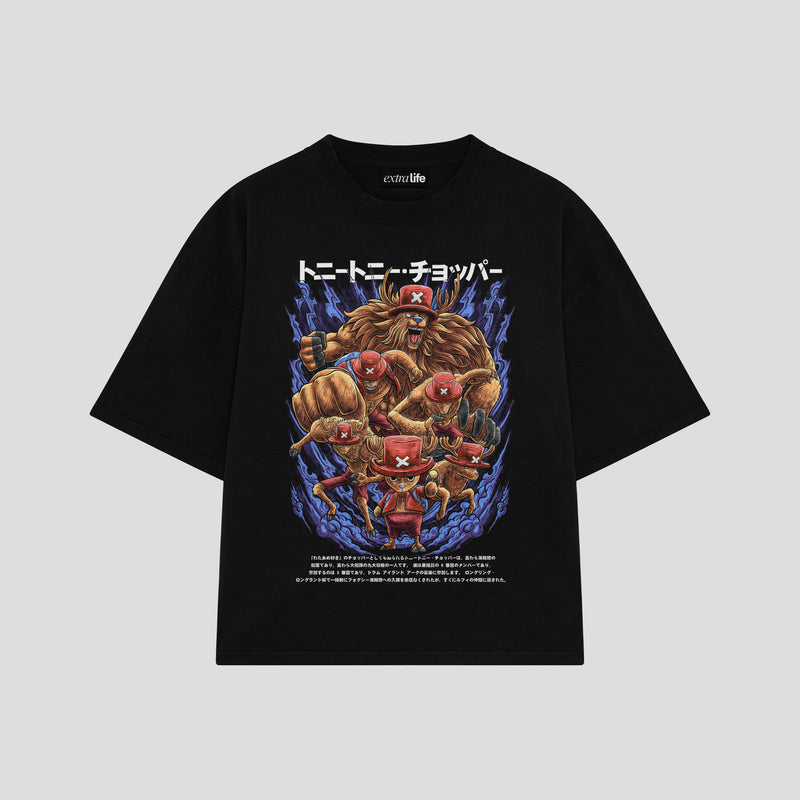 Playera streetwear premium de anime y gaming ExtraLife MX, corte boxy oversized drop shoulder heavyweight en color Deep Black y Off-White, moda urbana mexicana de culto.