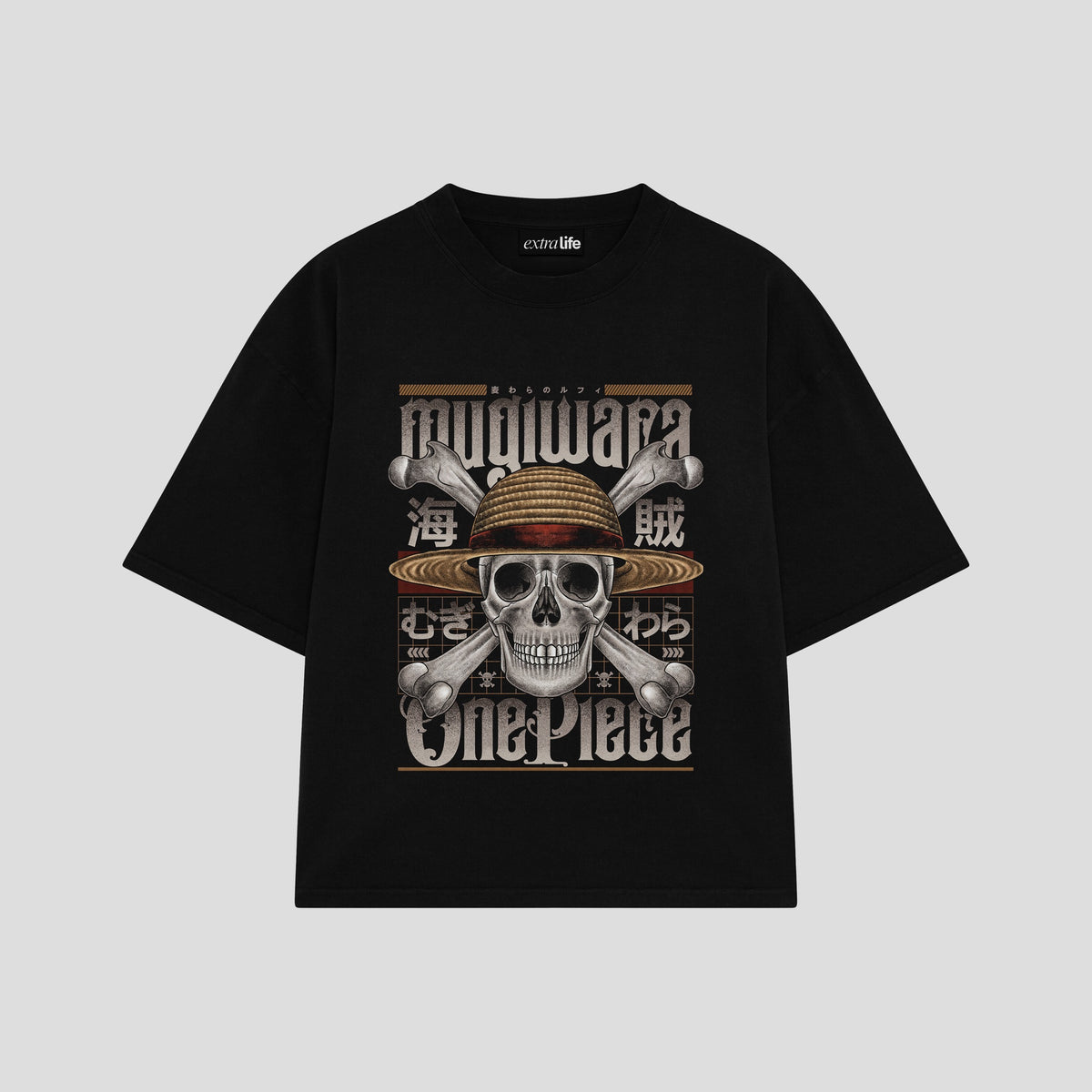Playera streetwear premium de anime y gaming ExtraLife MX, corte oversized drop shoulder ligero y fresco en color Deep Black y Off-White, moda urbana mexicana de culto.