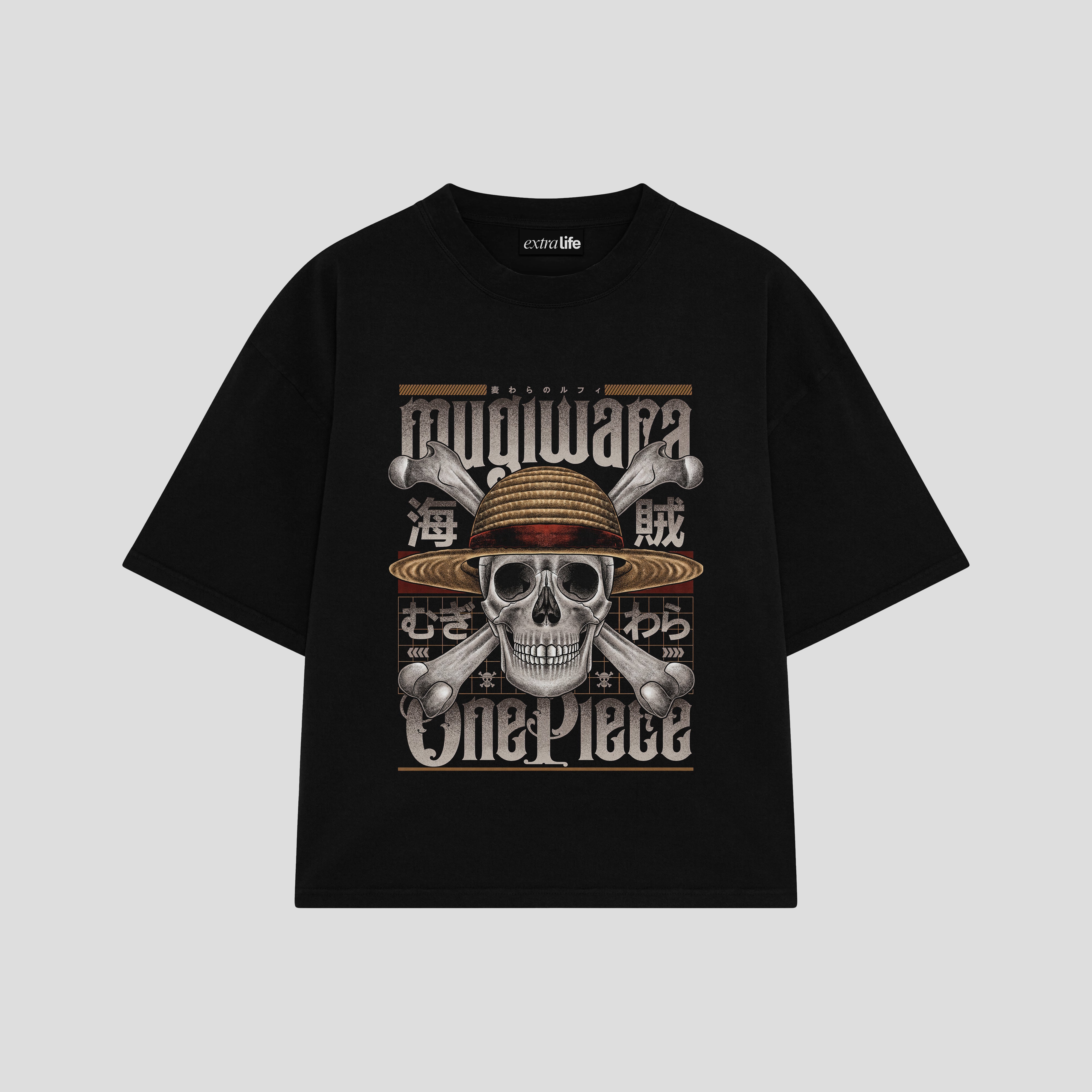Playera streetwear premium de anime y gaming ExtraLife MX, corte boxy oversized drop shoulder heavyweight en color Deep Black y Off-White, moda urbana mexicana de culto.