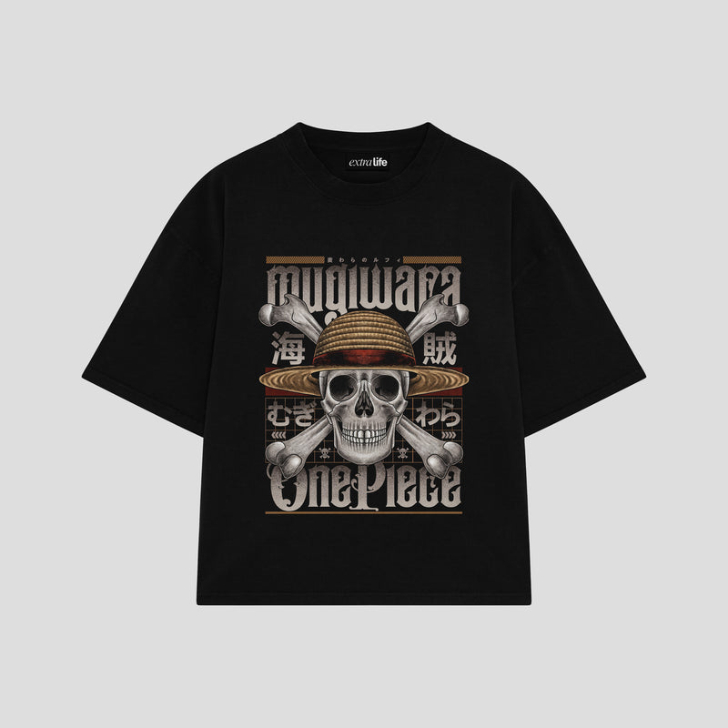 Playera streetwear premium de anime y gaming ExtraLife MX, corte boxy oversized drop shoulder heavyweight en color Deep Black y Off-White, moda urbana mexicana de culto.