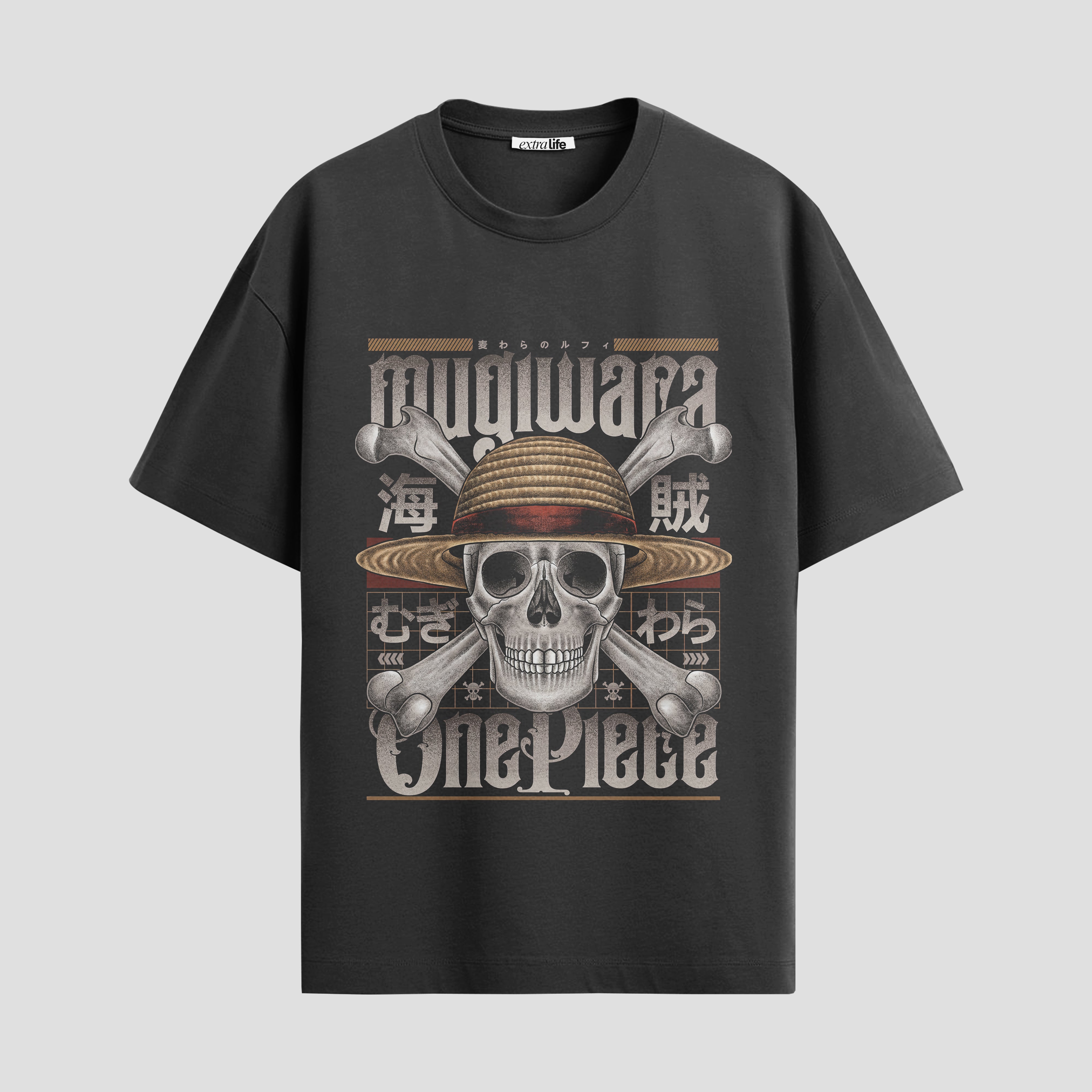 Playera urbana de anime y gaming ExtraLife MX, corte Standard Fit unisex ligero y transpirable en color Deep Black y Pure White, ropa de uso diario para gym y casual.