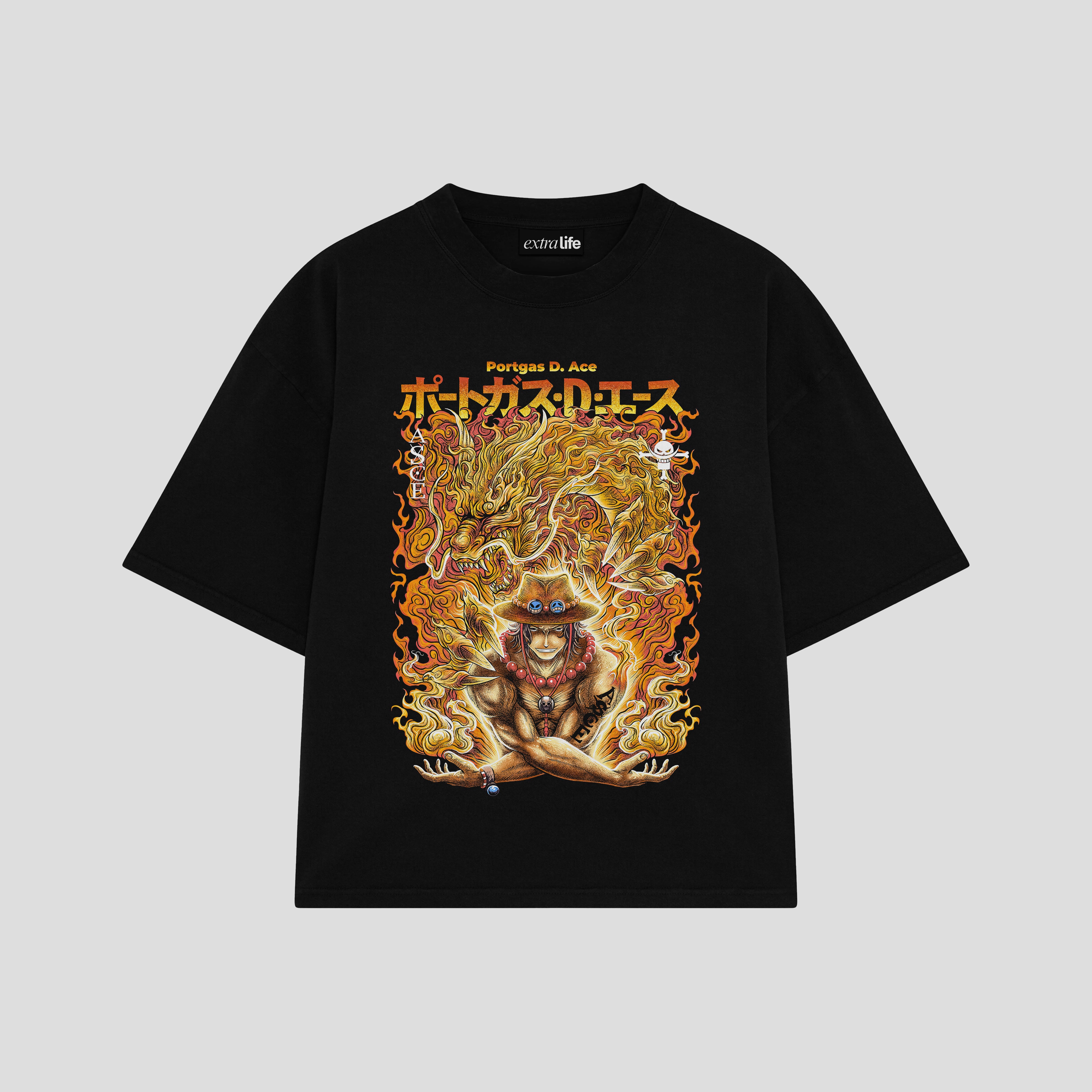 Playera streetwear premium de anime y gaming ExtraLife MX, corte boxy oversized drop shoulder heavyweight en color Deep Black y Off-White, moda urbana mexicana de culto.