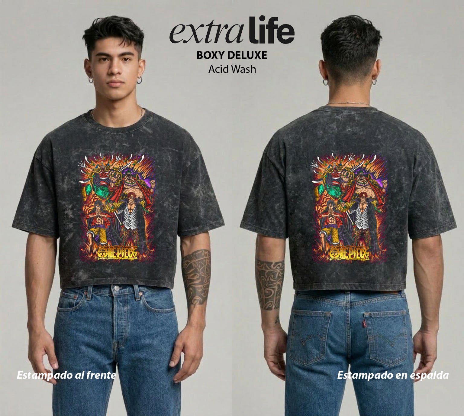Playera streetwear premium de anime y gaming ExtraLife MX, corte boxy deluxe mineral wash heavyweight en color Acid Wash, moda urbana mexicana de culto.