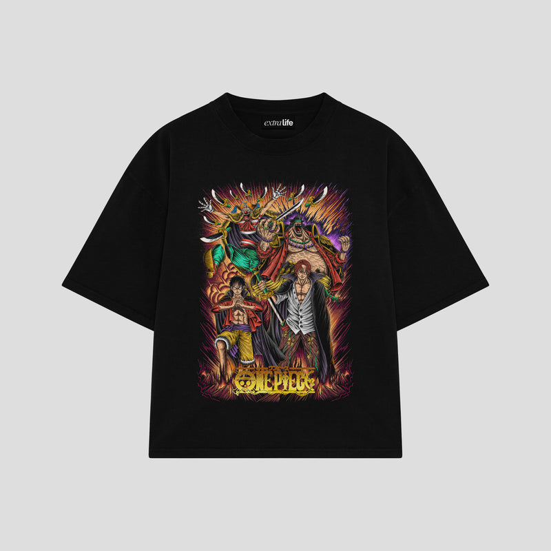 Playera streetwear premium de anime y gaming ExtraLife MX, corte boxy oversized drop shoulder heavyweight en color Deep Black y Off-White, moda urbana mexicana de culto.