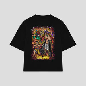 Playera streetwear premium de anime y gaming ExtraLife MX, corte boxy oversized drop shoulder heavyweight en color Deep Black y Off-White, moda urbana mexicana de culto.
