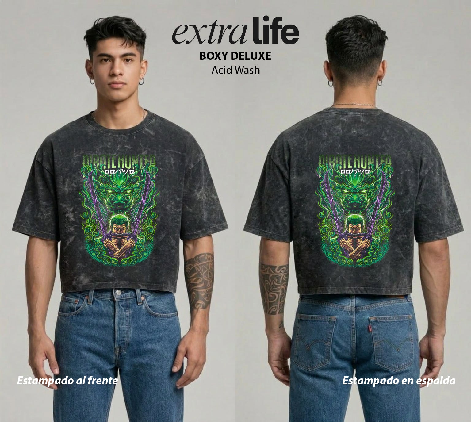 Playera streetwear premium de anime y gaming ExtraLife MX, corte boxy deluxe mineral wash heavyweight en color Acid Wash, moda urbana mexicana de culto.